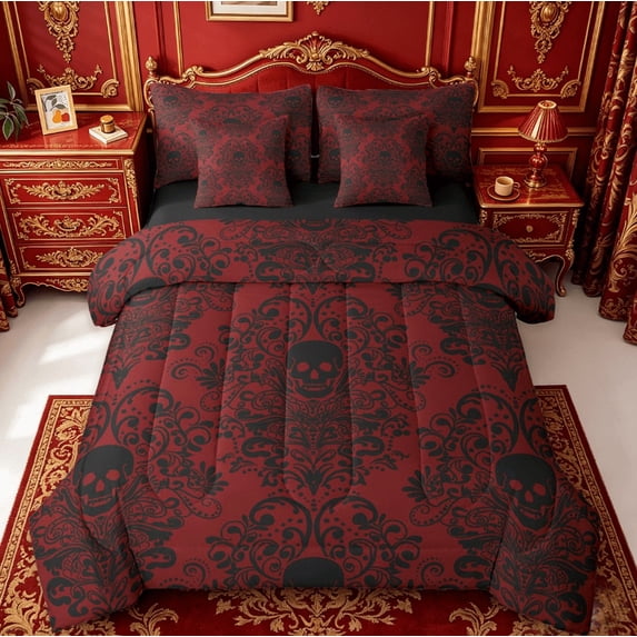 Homewish Retro Damask Jacquard 7 Pieces Bedding Comforter Set,Baroque Flower Floral Full Bedding Set,Red Black Gorhic Skull Fitted Sheet Flat Sheet,Super Cozy Room Decoration Reversible
