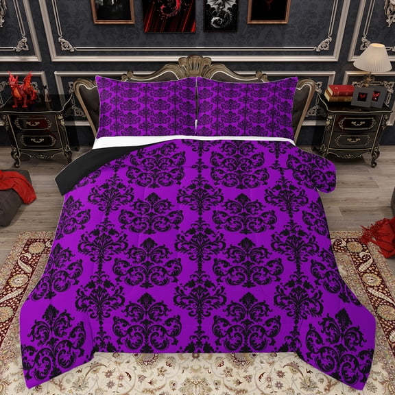Homewish Retro Damask Jacquard Queen Comforter Set,Ancient Baroque Print Bedding Sets,Purple Black Bedding Comforter Set For Boys Girls,Breathable Home Decor Reversible,3pcs