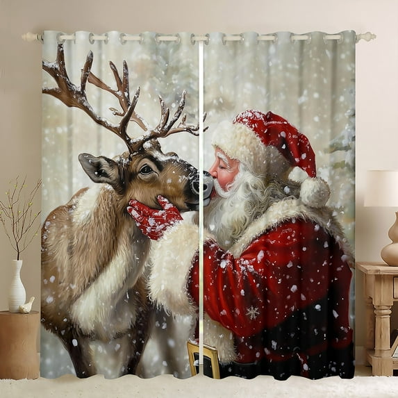 Homewish Retro Danta Claus Black Out Curtains,Brown Christmas Reindeer Curtains Pack of 2 (42x63 Each),Merry Xmas Bedroom Curtains For Men Women,Ultra Soft Home Decor