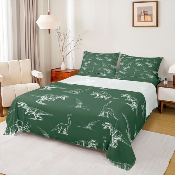 Homewish Retro Dino Sketch Bed Sheets,Jungle Wildlife Full Size Sheets,Green,4pcs,1 Flat Sheet, 1 Fitted Sheet and 2 Pillowcases