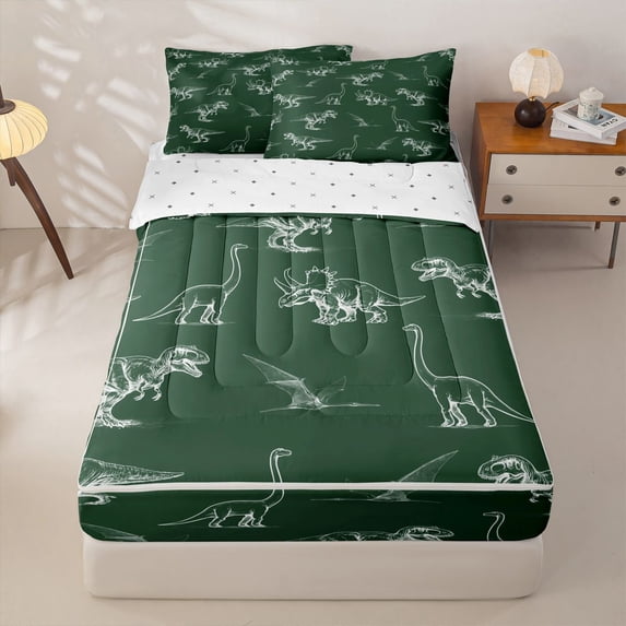 Homewish Retro Dino Sketch Zipper Queen Comforter Set with Fitted Sheet and 2 Pillowcases,Jungle Wildlife Zipper Bedding Set,Green,Reversible,4pcs