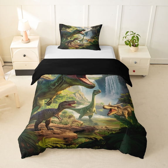 Homewish Retro Dinosaur Twin Duvet Cover,Rustic Wild Animal Twin Bedding,Green,Black Reversible,2 Pieces,1 Duvet Cover and 1 Pillowcase