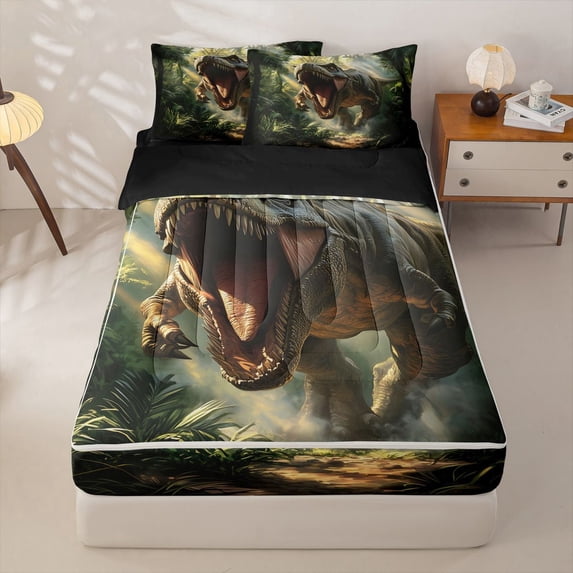 Homewish Retro Dinosaur Zipper Twin Comforter Sets with Fitted Sheet and 2 Pillowcases,Woodland Animals Zipper Bedding Set,Green Palm Tree Decor,Black Reversible,4pcs