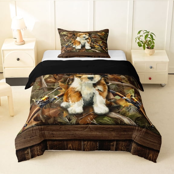 Homewish Retro Dog Twin Comforter Sets,Hunting And Fishing Bedding Set,Brown Lodge Cabin Decor,Black Reversible,2pcs,1 Comforter and 1 Pillowcase