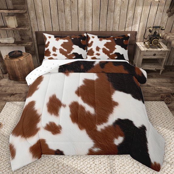 Homewish Retro Farm Cowhide Queen Comforter Set,Rustic Farmhouse Cabin Bedding Sets,Brown Black Bedding Comforter Set For Men Women,Ultra Soft Home Decor Reversible,3pcs