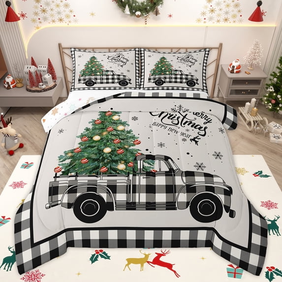 Homewish Retro Farmhouse Truck Queen Comforter Set for Kids, Green Xmas Tree Bedding Sets, Merry Christmas Reversible Bedding Comforter Set, Super Cozy Room Decor, 3-Piece