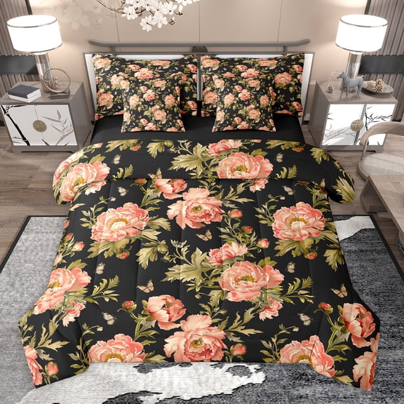 Homewish Retro Floral 7-Piece Twin Bedding Sets,Natural Plant Bedding Comforter Set,Pink Black Sheet Sets For Kids,Ultra Soft Home Decor Reversible