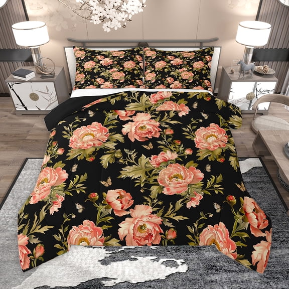 Homewish Retro Floral Bedding Comforter Set,Natural Plant Twin Comforter Sets,Pink Black Bedding Set For Kids,Ultra Soft Home Decor Reversible,2-Piece