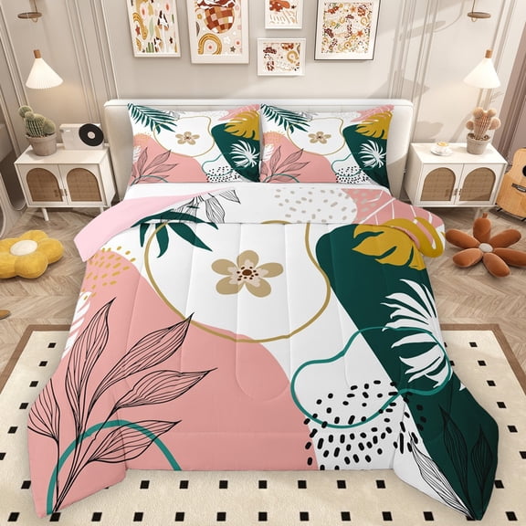 Homewish Retro Floral Leaves 3 Pieces Queen Comforter Set For Female Men Adults,Vintage Aesthetic Ultra Soft Bedding Sets,Minimalist Mid Century Bedding Comforter Set,Luxury Bedroom Decor,Reversible