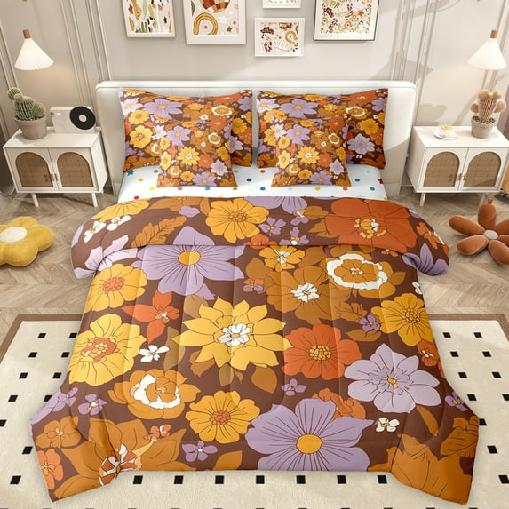 Homewish Retro Flower 7-Piece Bedding Comforter Set,Country Floral King Bedding Sets,Purple Orange Yellow Bed Sheets For Girl Teens,Super Cozy Room Decor Reversible