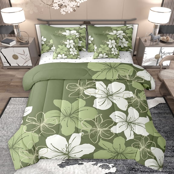 Homewish Retro Flower 7-Piece Bedding Comforter Set,Rustic Plant King Bedding Sets,Green White Bed Sheets For Kids,Ultra Soft Home Decor Reversible