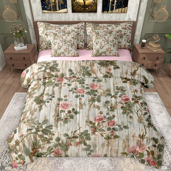 Homewish Retro Flower 7-Piece Twin Bedding Sets,Countryside Plant Bedding Comforter Set,Rustic Farmhouse Cabin Sheet Sets For Girls Kids,Breathable Home Decor Reversible