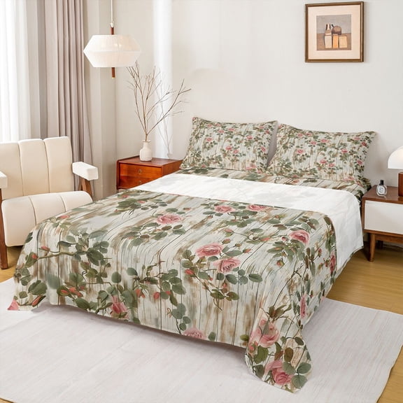 Homewish Retro Flower Bed Sheets,Countryside Plant King Sheets,Rustic Farmhouse Cabin Sheet Set For Girls Kids,Breathable Home Decor,4 Pieces