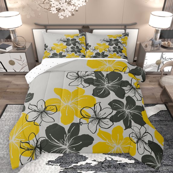 Homewish Retro Flower Bedding Comforter Set,Rustic Plant Twin Comforter Sets,Yellow Black Gray Bedding Set For Kids,Ultra Soft Home Decor Reversible,2pcs