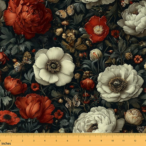 Homewish Retro Flower Floral Fabric by the Yard 1 Yard,Rustic Farmhouse Cabin Home Decor Fabric by the Yard,Red White Green Sewing Fabric For Boys,Microfiber Bedroom Decor