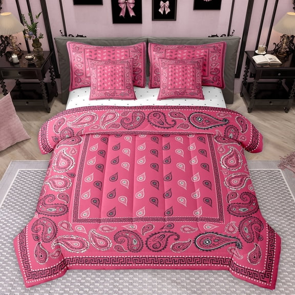 Homewish Retro Flower Paisley 7-Piece Bedding Comforter Set,Vintage Bohemain Geometric King Bedding Sets,Pink Black Bed Sheets For Men Women,Microfiber Bedroom Decor Reversible