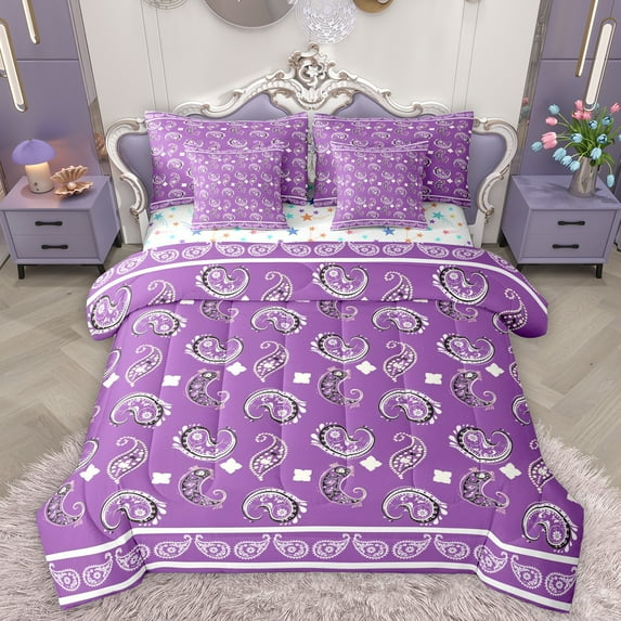 Homewish Retro Flower Paisley 7-Piece Twin Bedding Sets,Boho Bohemain Style Bedding Comforter Set,Purple Floral Sheet Sets For Men Women,Microfiber Bedroom Decor Reversible