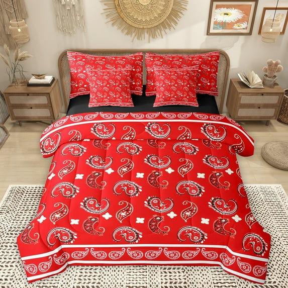 Homewish Retro Flower Paisley 7 Pieces Bedding Comforter Set,Boho Bohemain Style Full Bedding Set,Red White Fitted Sheet Flat Sheet For Men Women,Microfiber Bedroom Decor Reversible