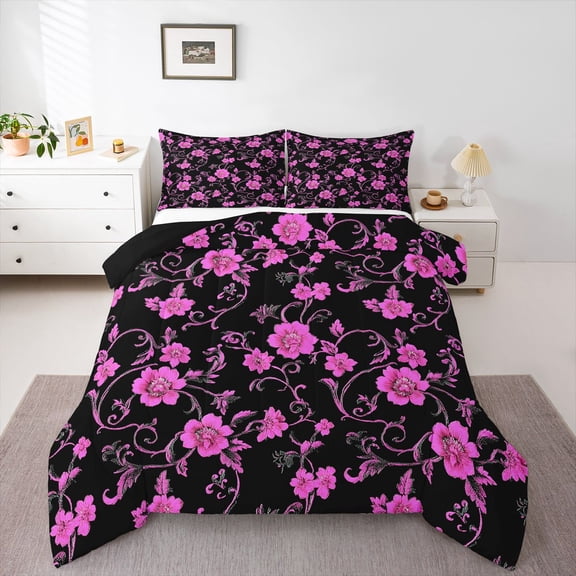 Homewish Retro Flowers 3 Pieces Queen Comforter Set for Female Men Teens,Botanical Plants Blossom Ultra Soft Bedding Sets,Exotic Style Bedding Comforter Set,Super Cozy Room Decor,Reversible