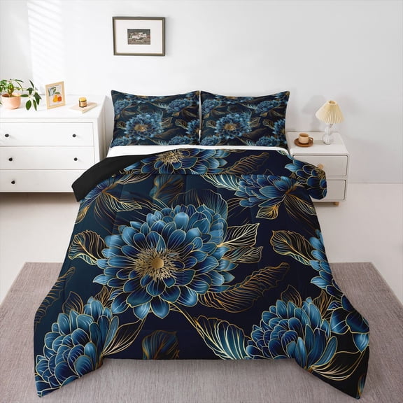 Homewish Retro Flowers 3 Pieces Queen Comforter Set for Female Men Teens,Exotic Style Ultra Soft Bedding Sets,Blue Golden Bedding Comforter Set,Luxury Bedroom Decor,Reversible