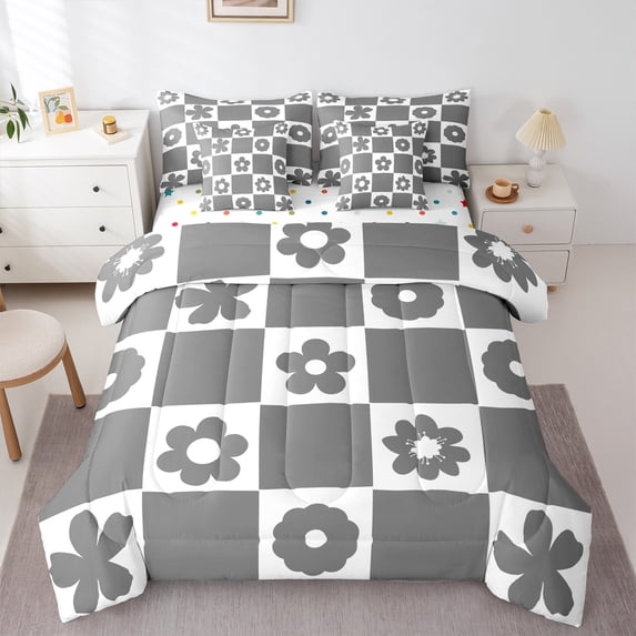 Homewish Retro Flowers 7-Piece Twin Bedding Sets for Kids Children Teens,Geometric Plaid Grid Bedding Comforter Set,Chic Floral Breathable Sheet Sets,Ultra Soft Home Decor,Reversible
