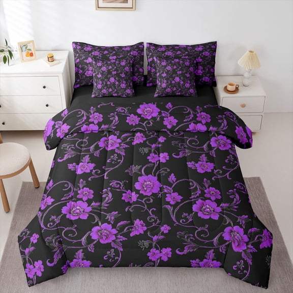Homewish Retro Flowers 7pcs Bedding Comforter Set for Female Men Teens,Botanical Plants Blossom Queen Bedding Sets Super Cozy,Exotic Style Queen Sheet Sets,Super Cozy Room Decor,Reversible