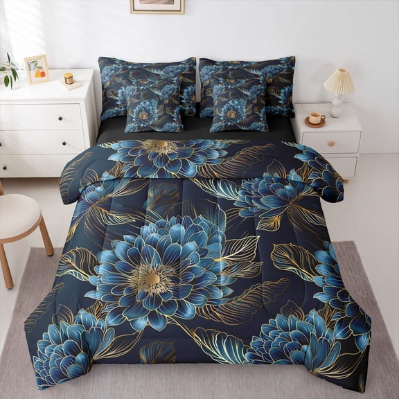 Homewish Retro Flowers 7pcs Bedding Comforter Set for Female Men Teens,Exotic Style Queen Bedding Sets Super Cozy,Blue Golden Queen Sheet Sets,Luxury Bedroom Decor,Reversible