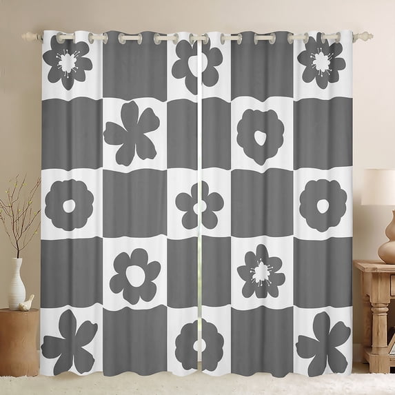 Homewish Retro Flowers Blackout Curtains Set of 2 (52x84 Each) for Kids Children Teens,Geometric Plaid Grid Window Curtains,Chic Floral Curtains and Drapes,Ultra Soft Home Decor