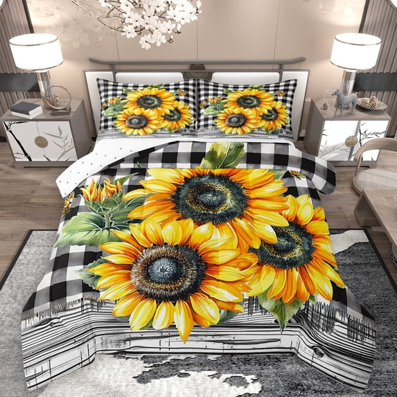 Homewish Retro Flowers Sunflowers 3-Piece Full Size Comforter Sets For Teens Female Girls,Geometric Plaid Bedding Comforter Set,Chic Floral Blossoms Lightweight Bedding Sets,Lightweight Room Decor