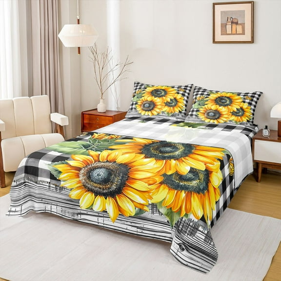 Homewish Retro Flowers Sunflowers 3pcs Twin Sheet Sets For Teens Female Girls,Geometric Plaid Twin Fitted Sheet,Chic Floral Blossoms Breathable Flat Sheet,Lightweight Room Decor