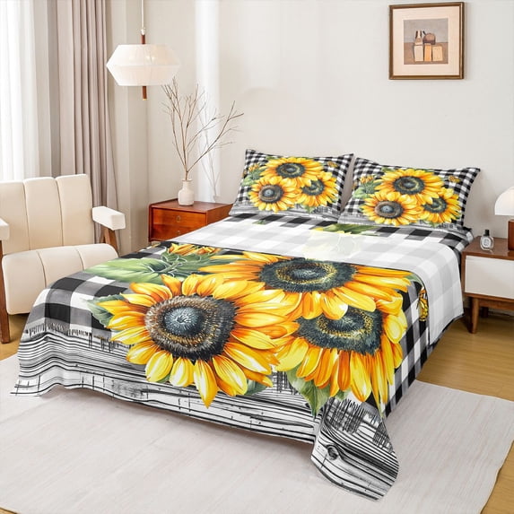 Homewish Retro Flowers Sunflowers 4 Pieces Queen Sheet Sets For Teens Female Girls,Geometric Plaid Ultra Soft Flat Sheet,Chic Floral Blossoms Queen Fitted Sheet,Lightweight Room Decor