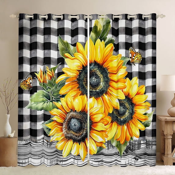 Homewish Retro Flowers Sunflowers Black Out Curtains For Teens Female Girls,Geometric Plaid Curtains Pack of 2 (42x63 Each),Chic Floral Blossoms Bedroom Curtains,Lightweight Room Decor