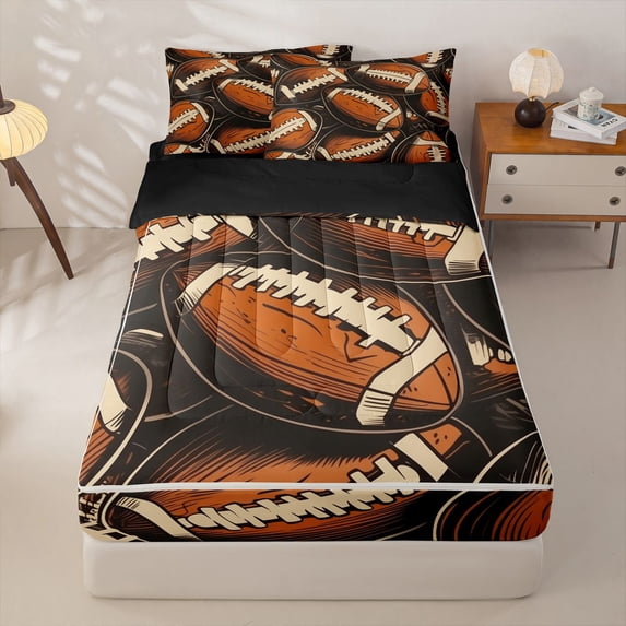 Homewish Retro Football Pattern Zipper Full Size Comforter Sets with Fitted Sheet and 2 Pillowcases, Vintage Sports Zipper Bedding Set for Men and Boys, Black Reversible, 4-Piece