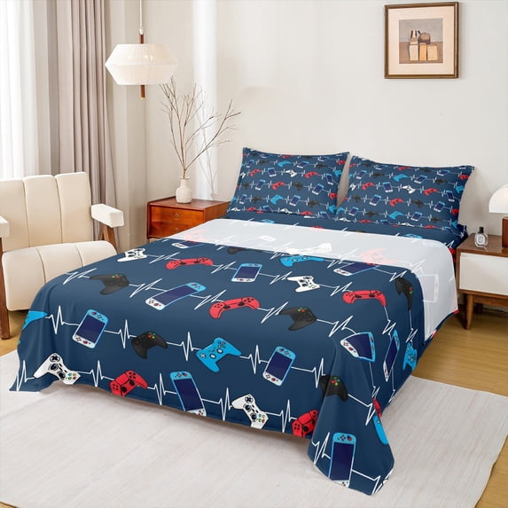 Homewish Retro Gamepad Console Bed Sheets,Modern Gamer King Sheets,Red Blue Sheet Set For Boys Kids,Ultra Soft Home Decor,4pcs