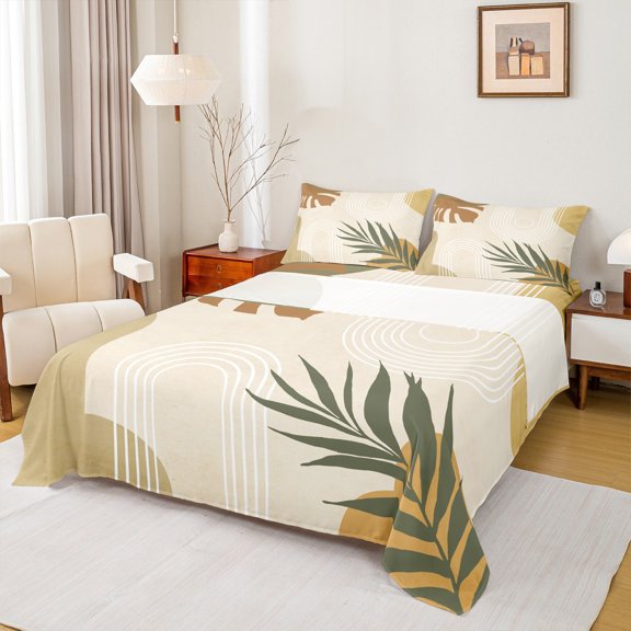 Homewish Retro Geometric Circle Twin Sheet Sets,Tropical Botanical Plam Twin Fitted Sheet,Green Beige Brown Flat Sheet For Girls Boys,Super Cozy Room Decor,3pcs