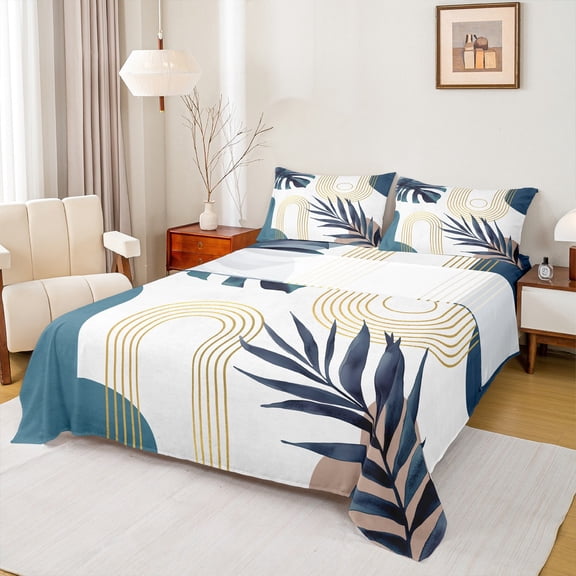 Homewish Retro Geometric Circle Twin Sheet Sets,Tropical Botanical Plam Twin Fitted Sheet,White Gold Blue Flat Sheet For Girls Boys,Super Cozy Room Decor,3 Pieces