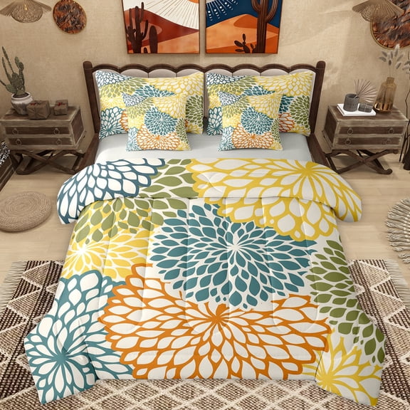 Homewish Retro Geometric Flower 7pcs Bedding Comforter Set,Bohemain Dahlia Queen Bedding Sets,Blue Yellow Orange Queen Sheet Sets For Adult,Ultra Soft Home Decor Reversible