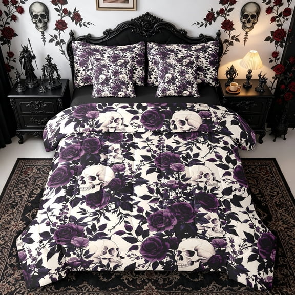 Homewish Retro Gothic Rose Skull Twin Bedding for Kids, Cream Violet Floral Skeleton Bedding Comforter Set, Black Reversible, 7 Pieces