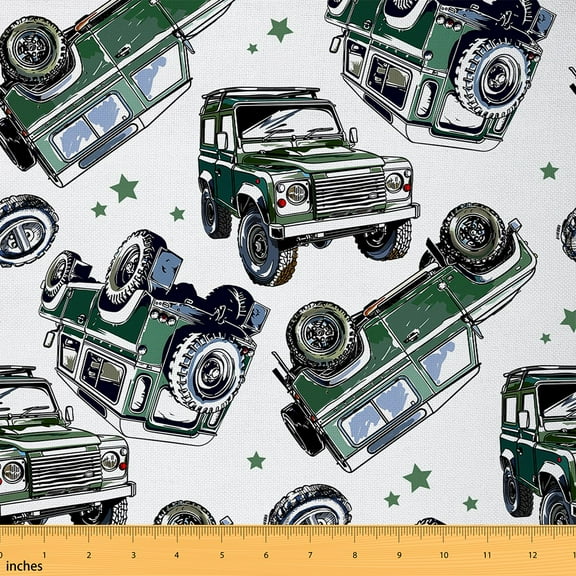 Homewish Retro Green Truck Fabric by the Yard 1 Yard,Construction Vehicles Home Decor Fabric by the Yard,Off-Road Vehicle Sewing Fabric For Boys Kids,Super Cozy Room Decor