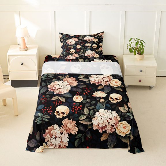 Homewish Retro Hydrangea Skull Twin Sheets for Kids, Rose Berry Leaf Gothic Floral Bedding, 3pcs, 1 Flat Sheet, 1 Fitted Sheet and 1 Pillowcase