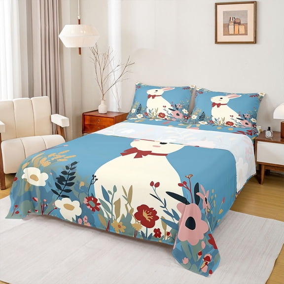 Homewish Retro Kawaii Rabbit Bed Sheets, Western Rustic Floral King Sheets, Cute Cartoon Bunnies Sheet Set, Lightweight Room Decor, 4 Pieces