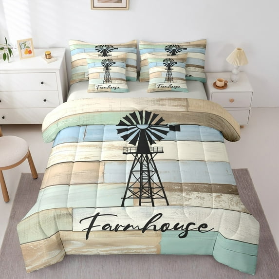 Homewish Retro Lake House Bedding Comforter Set 7 Pieces for Adult, Pebble Grey Rustic Cabin Full Bedding Set, Plant Botanical Reversible Fitted Sheet Flat Sheet, Super Cozy Room Decor