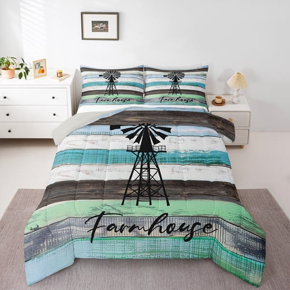 Homewish Retro Lake House Bedding Comforter Set for Adult, Blue Green Rustic Cabin Twin Comforter Sets, Plant Botanical Reversible Bedding Set, Luxury Bedroom Decor, 2-Piece