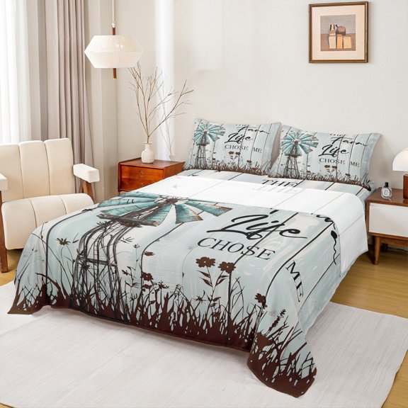 Homewish Retro Lake House Twin Sheet Sets for Adult, Window Grey Rustic Cabin Twin Fitted Sheet, Plant Botanical Flat Sheet, Super Cozy Room Decor, 3 Pieces