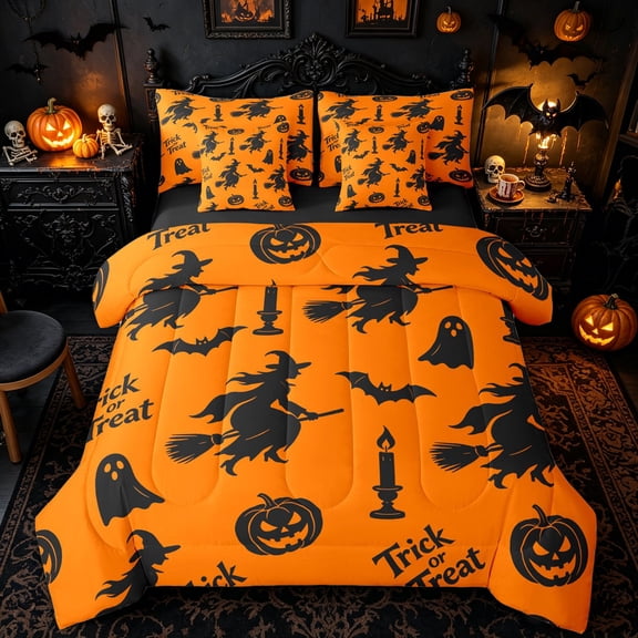 Homewish Retro Magic Witch Twin Bedding for Kids, Orange Pumpkin Lantern Ghost Bedding Comforter Set, Black Reversible, 7 Pieces