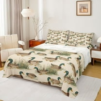 Homewish Retro Mallard Twin Sheet Sets,Rustic Farmhouse Cabin Twin Fitted Sheet,Brown Green Flat Sheet For Kids,Super Cozy Room Decor,3 Pieces