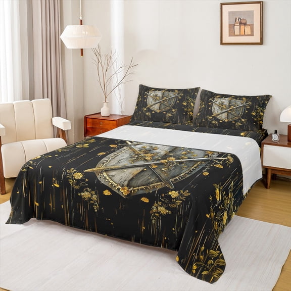 Homewish Retro Medieval Knight 4 Pieces Queen Sheet Sets for Boys Girls,Vintage Soldier Sword Ultra Soft Flat Sheet,Chic Floral Flower Queen Fitted Sheet,Lightweight Room Decor