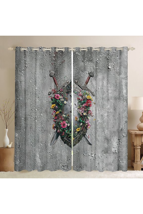 Retro Medieval Knight Blackout Curtains Set of 2 (52x84 Each) for Boys Girls,Vintage Soldier Sword Window Curtains,Chic Floral Flower Curtains and Drapes,Lightweight Room Decor