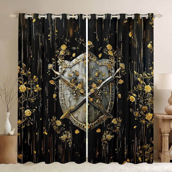 Homewish Retro Medieval Knight Curtains Pack of 2 (42x84 Each) for Boys Girls,Vintage Soldier Sword Curtains Blackout,Chic Floral Flower Bedroom Curtains,Lightweight Room Decor