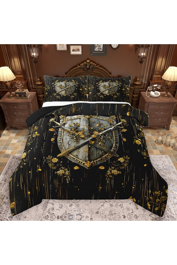 Retro Medieval Knight Full Size Comforter Sets 3-Piece for Boys Girls,Vintage Soldier Sword Bedding Comforter Set,Chic Floral Flower Lightweight Bedding Sets,Lightweight Room Decor